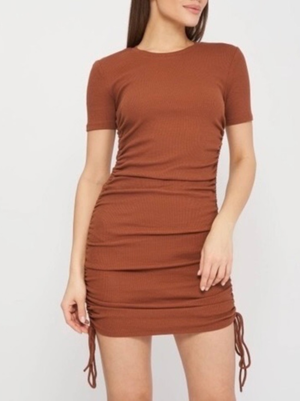 Zara Copper Brown Ribbed Knit Ruched Side Bodycon Mini T-Shirt Dress Sz S